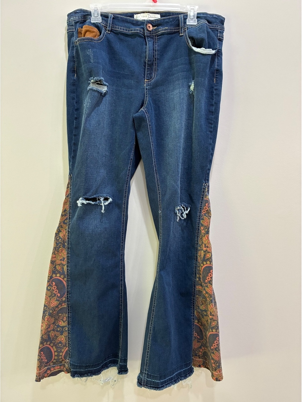 WOMEN Jeans Flare & Wide Leg - Dark Blue Denim with Paisley Panels